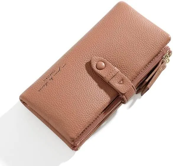 Leather Wallet Pu Leather Women's Wallet Simple Large Capacity Long Purse Clutch Ladies Girls Solid Color Zipper Coin Pocket Large Capacity (Pink,10x19cm)
