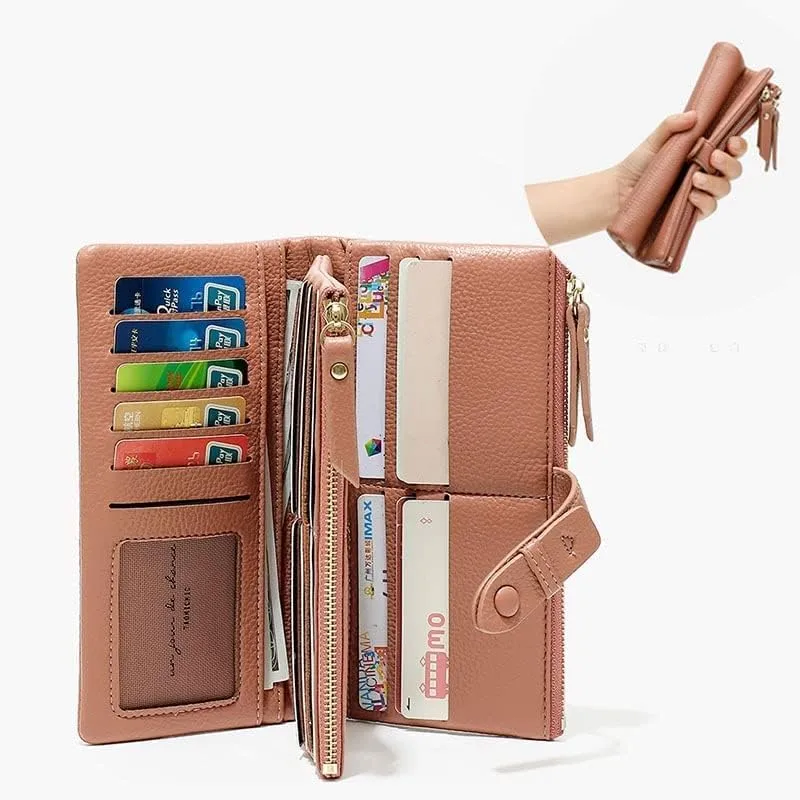 Leather Wallet Pu Leather Women's Wallet Simple Large Capacity Long Purse Clutch Ladies Girls Solid Color Zipper Coin Pocket Large Capacity (Pink,10x19cm)