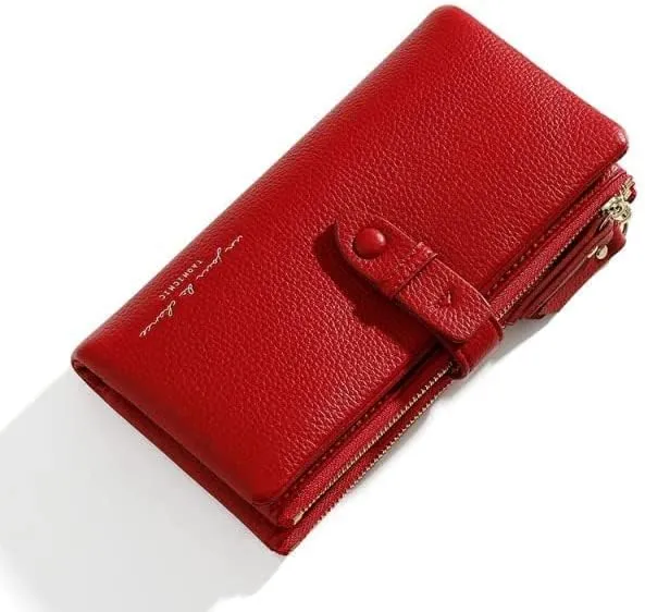 Leather Wallet Pu Leather Women's Wallet Simple Large Capacity Long Purse Clutch Ladies Girls Solid Color Zipper Coin Pocket Large Capacity (Red,10x19cm)