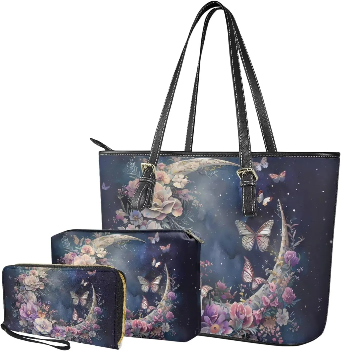Leather Work Bag for Women Tote Bags with Clutch Makeup Travel Bag and Long Wallet 3 Piece Set