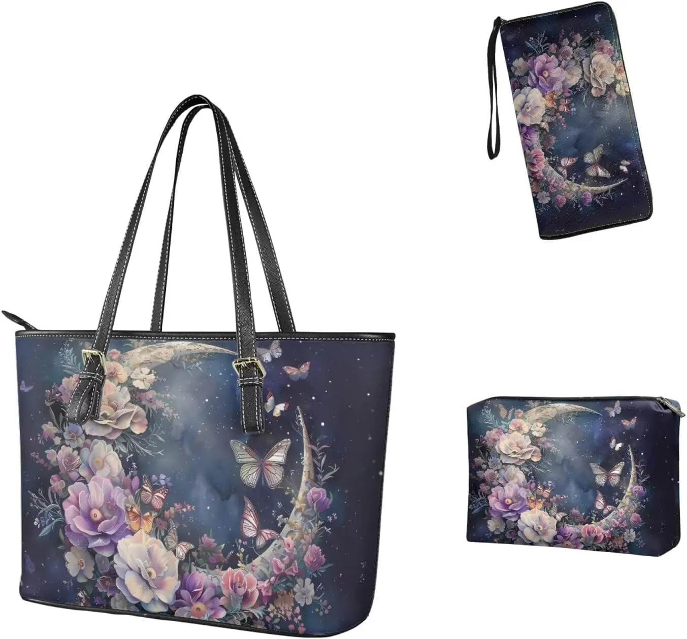 Leather Work Bag for Women Tote Bags with Clutch Makeup Travel Bag and Long Wallet 3 Piece Set