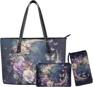 Leather Work Bag for Women Tote Bags with Clutch Makeup Travel Bag and Long Wallet 3 Piece Set