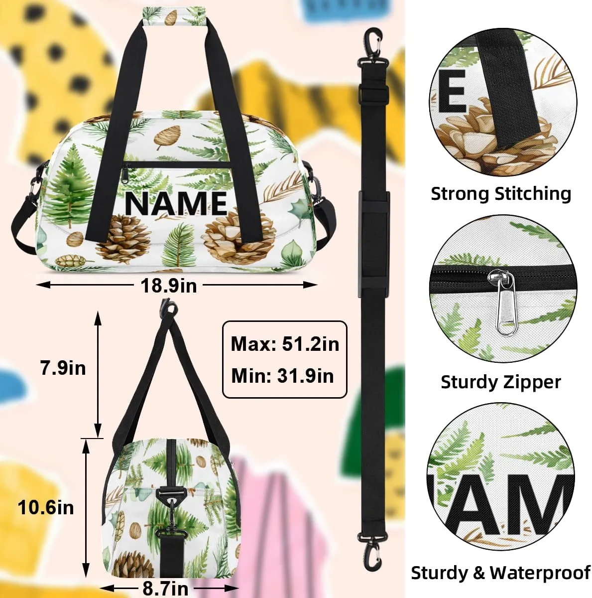 Leaves Custom Small Gym Bag 18 inch for Women Men Personalized Green Leaves and Fern Pattern Carry On Overnight Weekender Bag for Travel Work Dance Sport