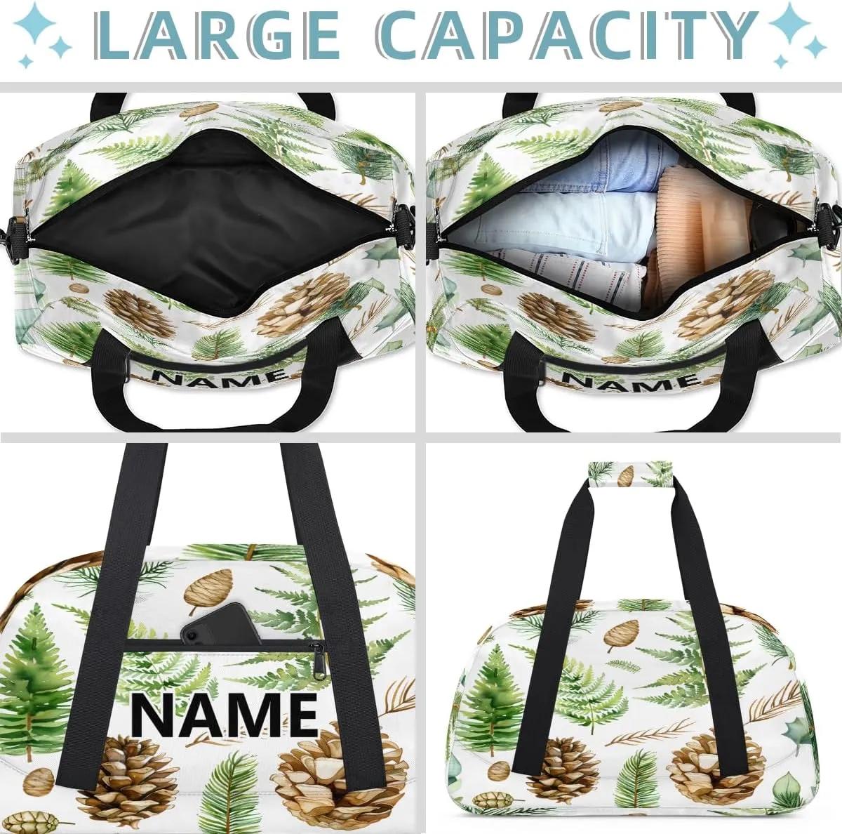 Leaves Custom Small Gym Bag 18 inch for Women Men Personalized Green Leaves and Fern Pattern Carry On Overnight Weekender Bag for Travel Work Dance Sport