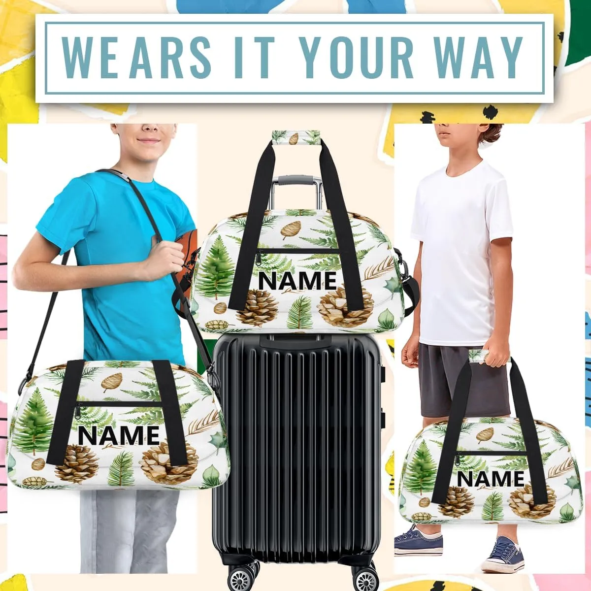 Leaves Custom Small Gym Bag 18 inch for Women Men Personalized Green Leaves and Fern Pattern Carry On Overnight Weekender Bag for Travel Work Dance Sport