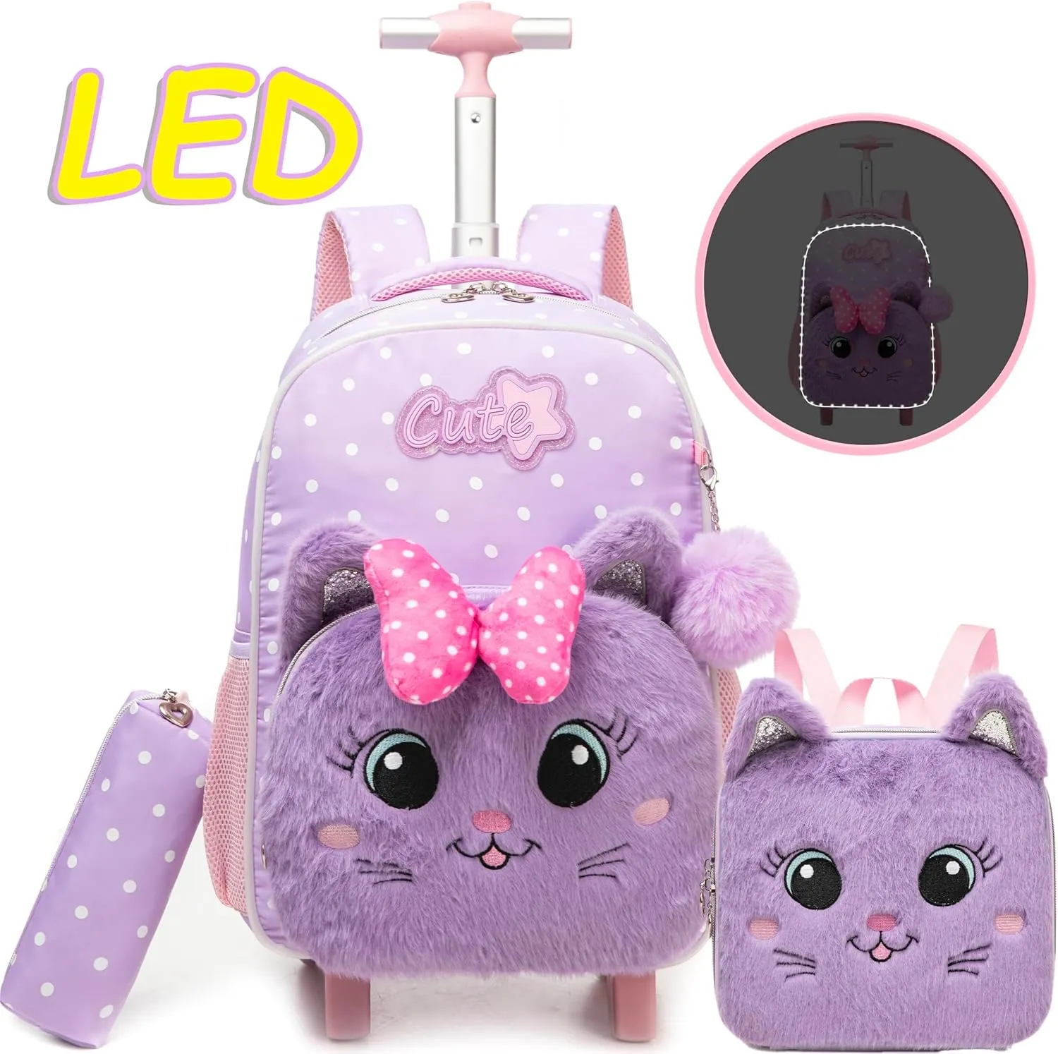 Led Rolling Backpack for Kids Backpacks for Girls with Wheels Cute Kawaii Shoolbag with Strip Lights Led for Girl School Bookbag for Elementary Students