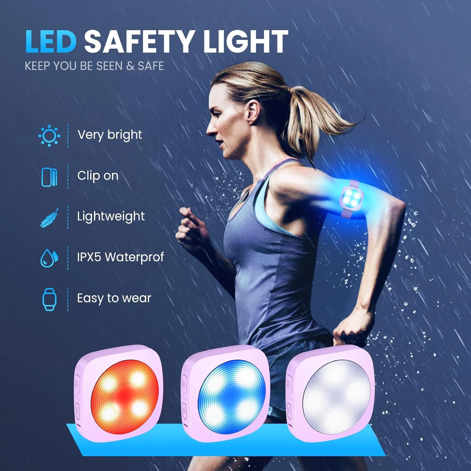 LED Safety Light, Clip on Strobe Running Lights for Runners, Rechargeable Running Light with 3 Adjustable Bands, High Visibility Reflective Running Gear for Hiking Running Bike Walking, 130dB, Purple