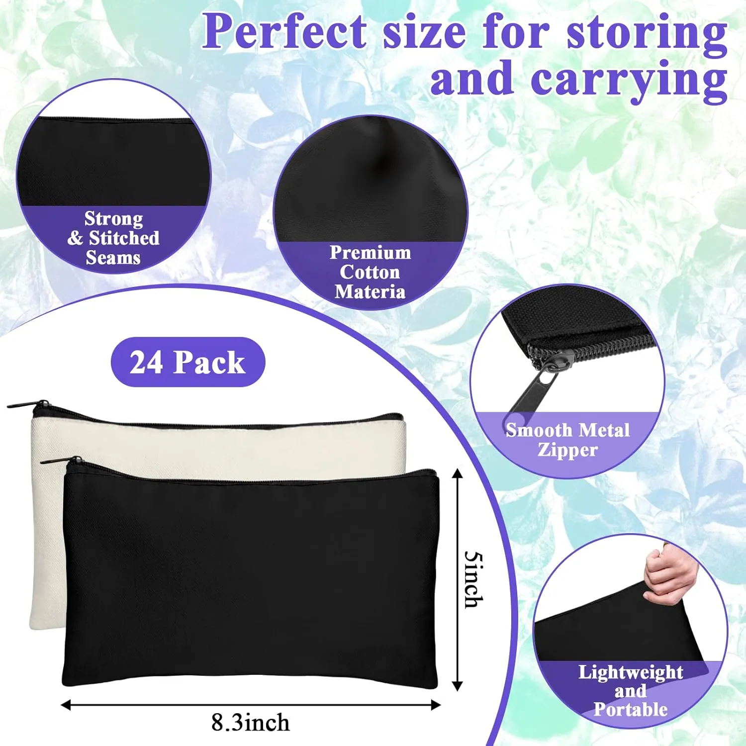 Legigo Blank DIY Craft Canvas Pencil Case - Makeup Pouch, Multi-Purpose Travel Toiletry Zipper Bag, Bulk Cosmetic Bags 8.3 5 Inch