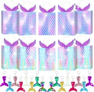 Leinuosen 32-Piece Mermaid Party Favors Set - 16 Packs Mermaid Tail Gift Bags & Keychains