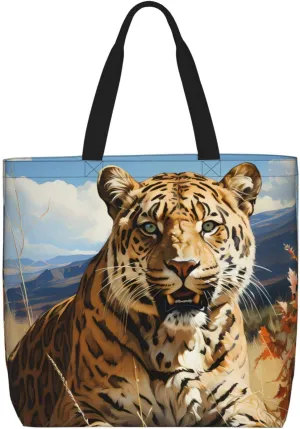 Leopard in search of prey Women's Casual Tote Bags, Reusable Tote Shoulder Bags, Multi-Function Large Capacity Shopping Bags