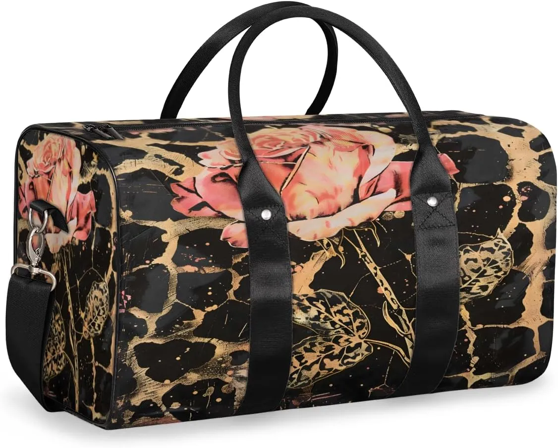 Leopard Print Rose Flower Travel Duffle Bag, Sports Gym Bags for Women Men, Carry On Weekender Overnight Workout Airplane Trips Bag