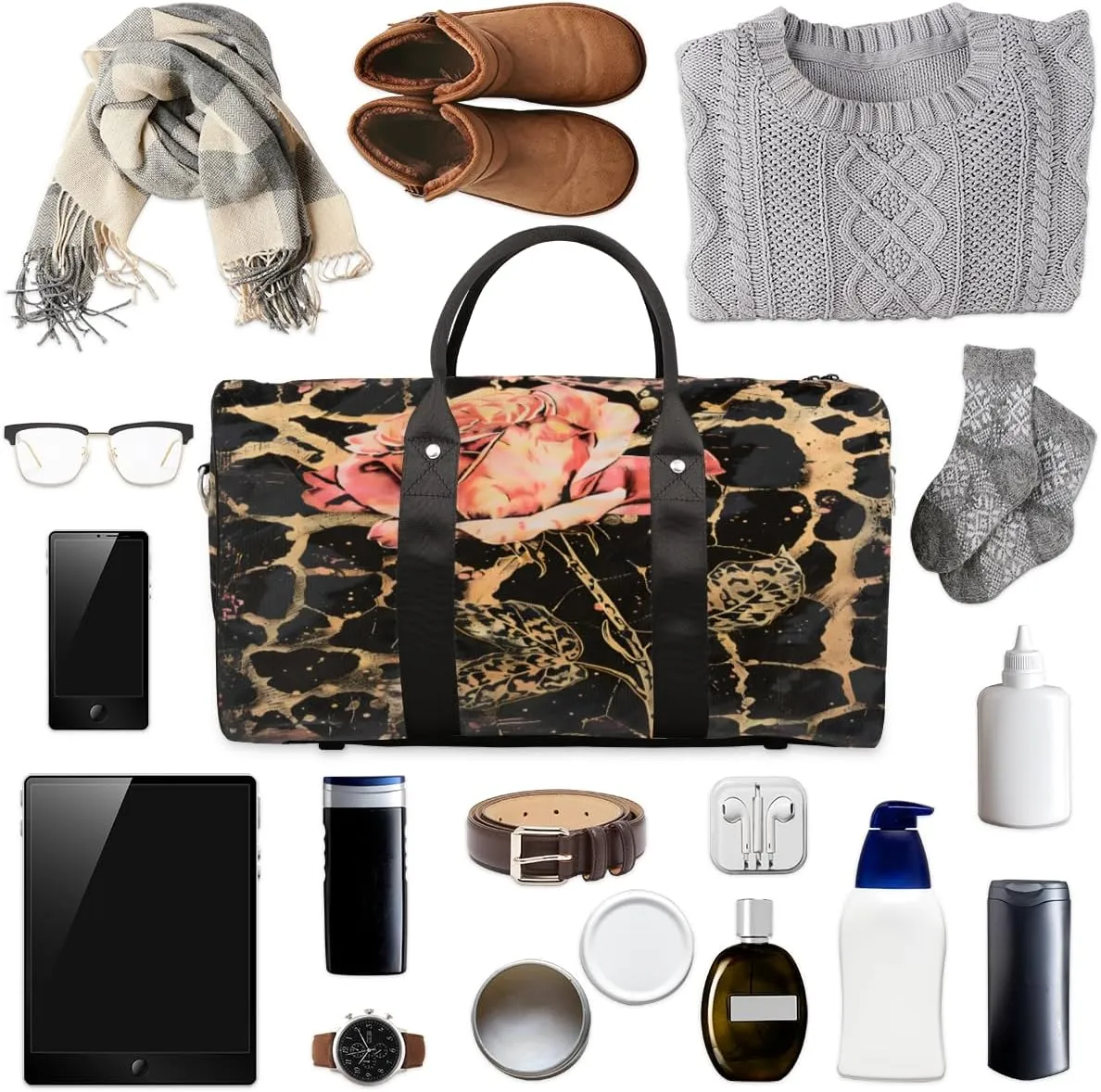 Leopard Print Rose Flower Travel Duffle Bag, Sports Gym Bags for Women Men, Carry On Weekender Overnight Workout Airplane Trips Bag