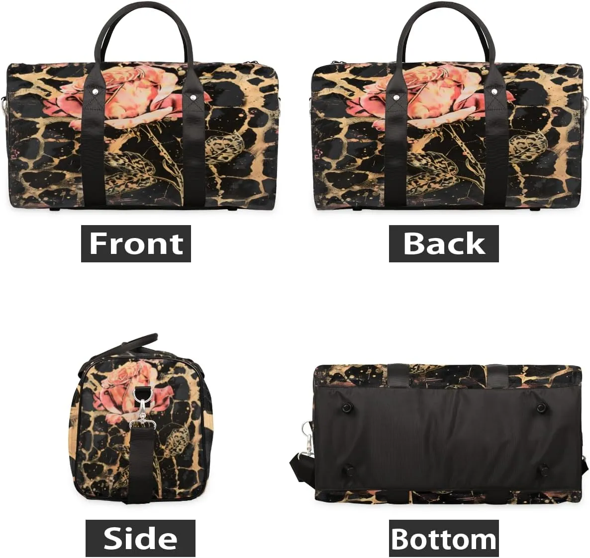 Leopard Print Rose Flower Travel Duffle Bag, Sports Gym Bags for Women Men, Carry On Weekender Overnight Workout Airplane Trips Bag