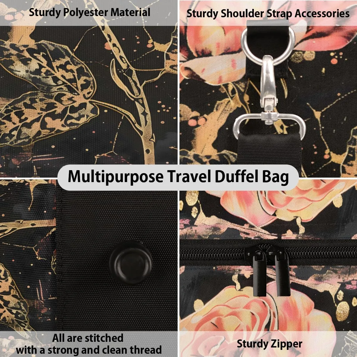 Leopard Print Rose Flower Travel Duffle Bag, Sports Gym Bags for Women Men, Carry On Weekender Overnight Workout Airplane Trips Bag