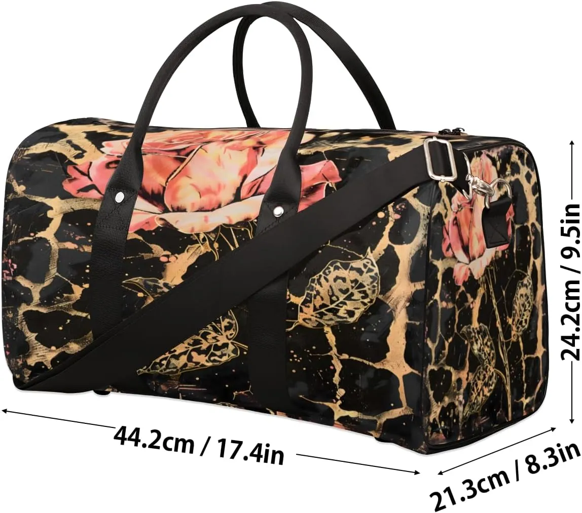 Leopard Print Rose Flower Travel Duffle Bag, Sports Gym Bags for Women Men, Carry On Weekender Overnight Workout Airplane Trips Bag