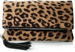 Leopard Zipper Foldover Clutch Envelope Purse Women Cross body Bag with Chain Strap (Leopard) Medium