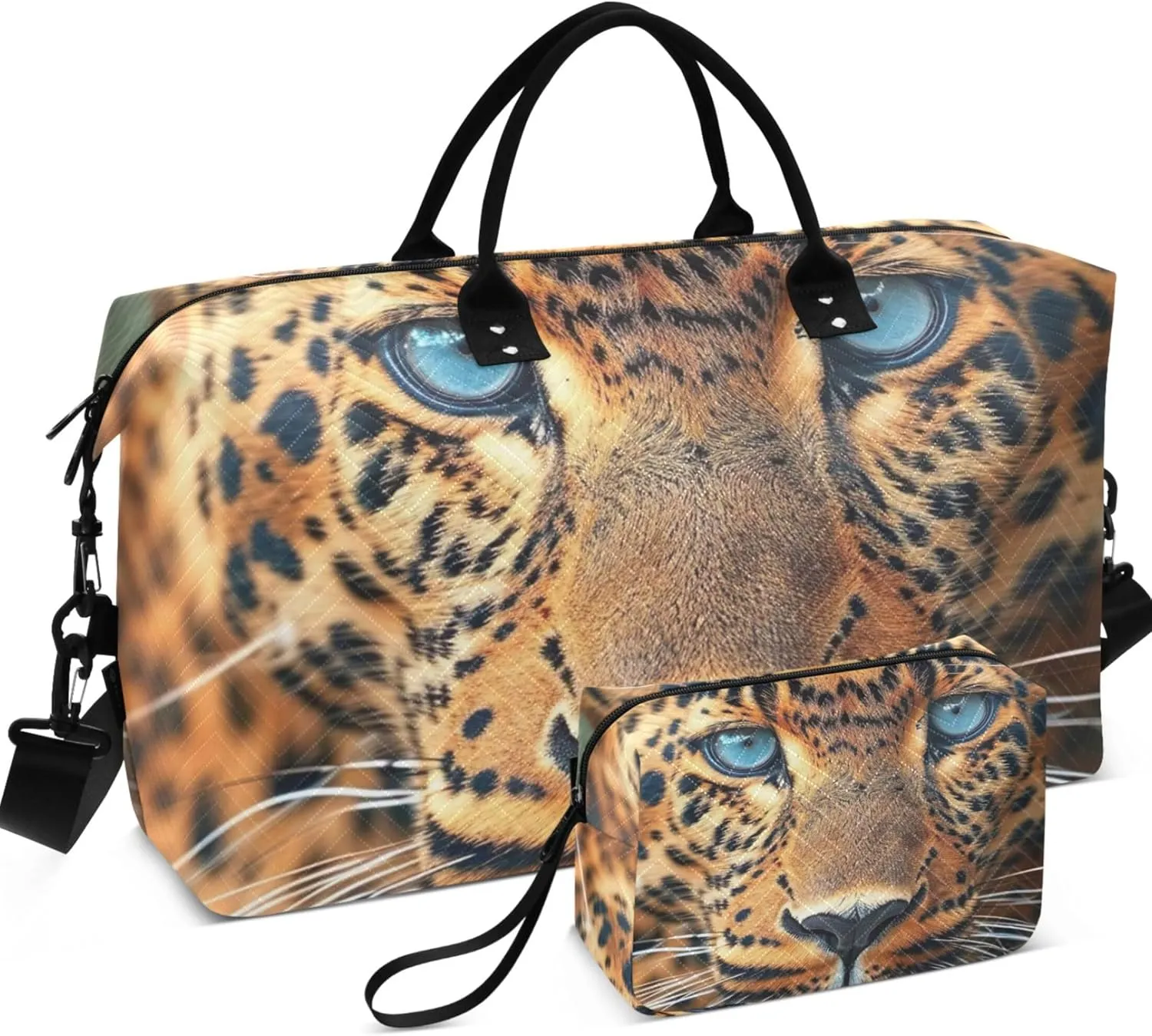 Leoparde Duffle Travel Bag Cosmetic Pouch Set of 2, Flower Women Gym Duffle Bag Duffle Carry on Bag
