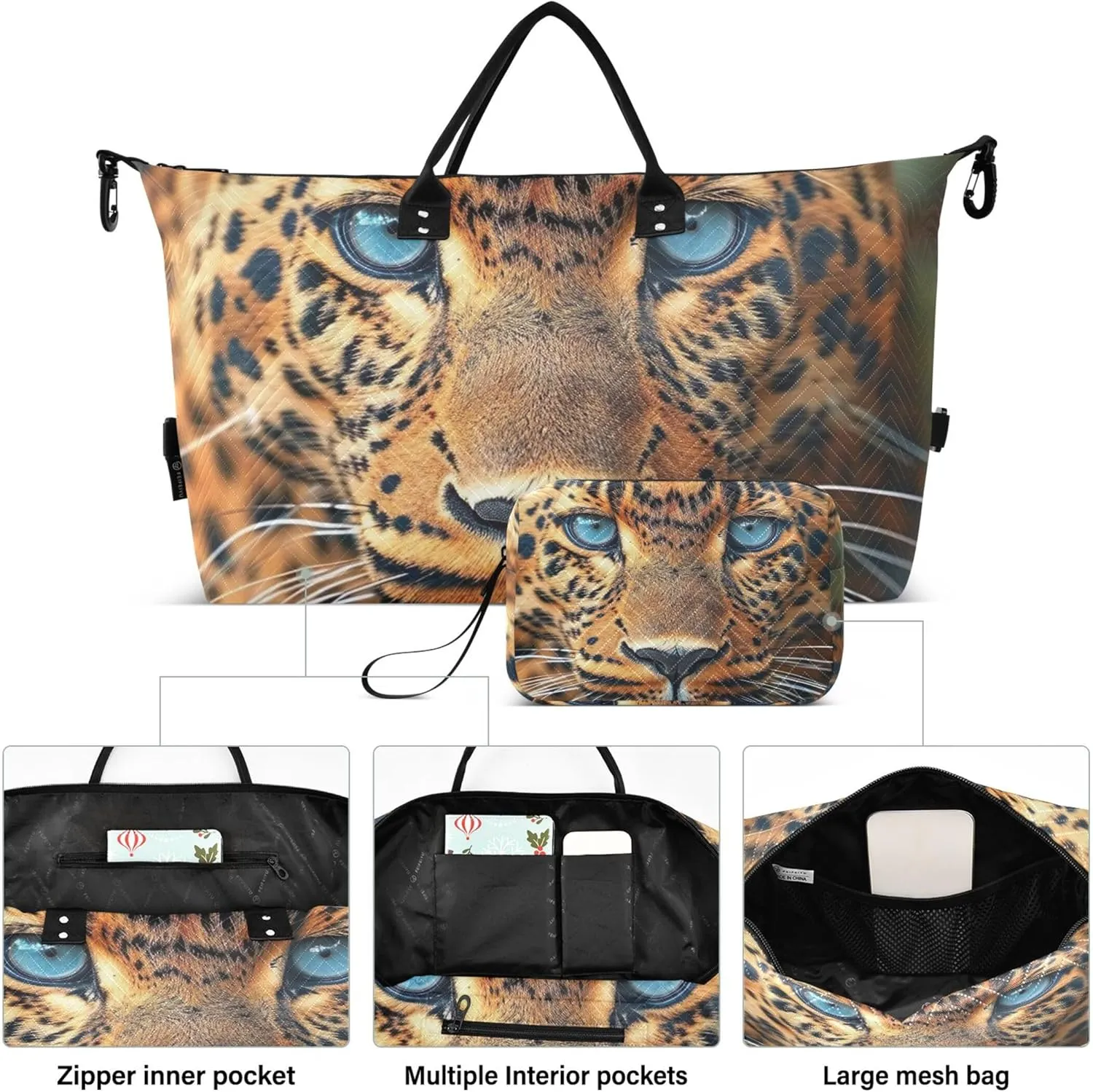 Leoparde Duffle Travel Bag Cosmetic Pouch Set of 2, Flower Women Gym Duffle Bag Duffle Carry on Bag