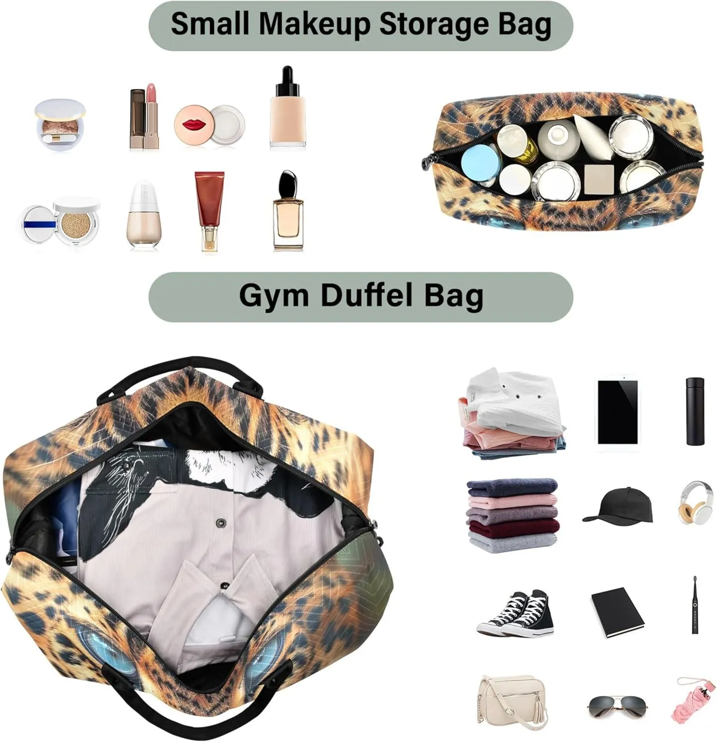 Leoparde Duffle Travel Bag Cosmetic Pouch Set of 2, Flower Women Gym Duffle Bag Duffle Carry on Bag