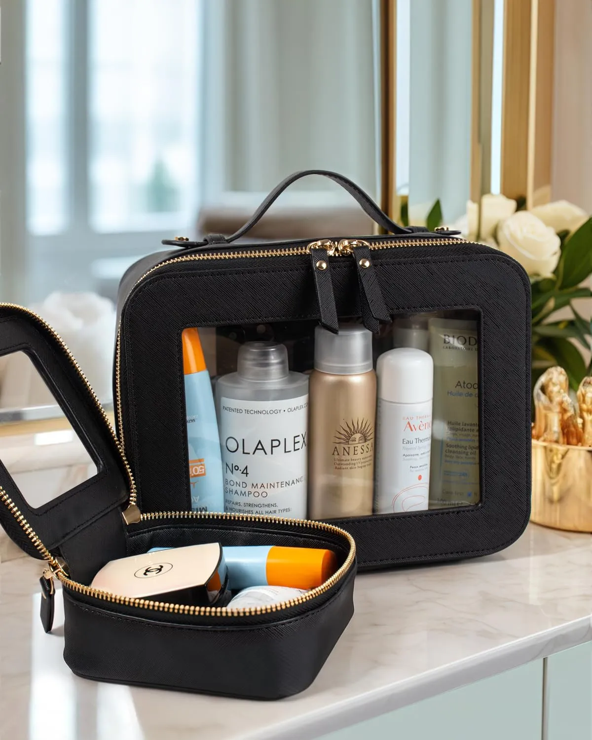LETGO Clear Makeup Bags Set - TSA Approved Toiletry Bag with Handle Large Opening, Clear Toiletry Bags Case Pouch for Traveling Travel Car Orangizer Storage Essentials (Mini Large Black)