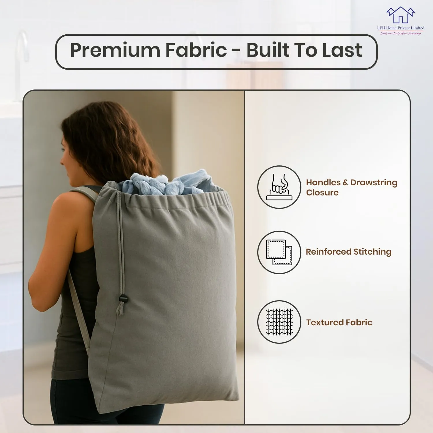 LFH Home Cotton Canvas Large Laundry Bag with Handle, Heavy Duty Drawstring Closure Washable Laundry Bags, School Travel, Home, Hotel, College Dorm, Organizer Sack, Toys Clothes 20x30-Grey