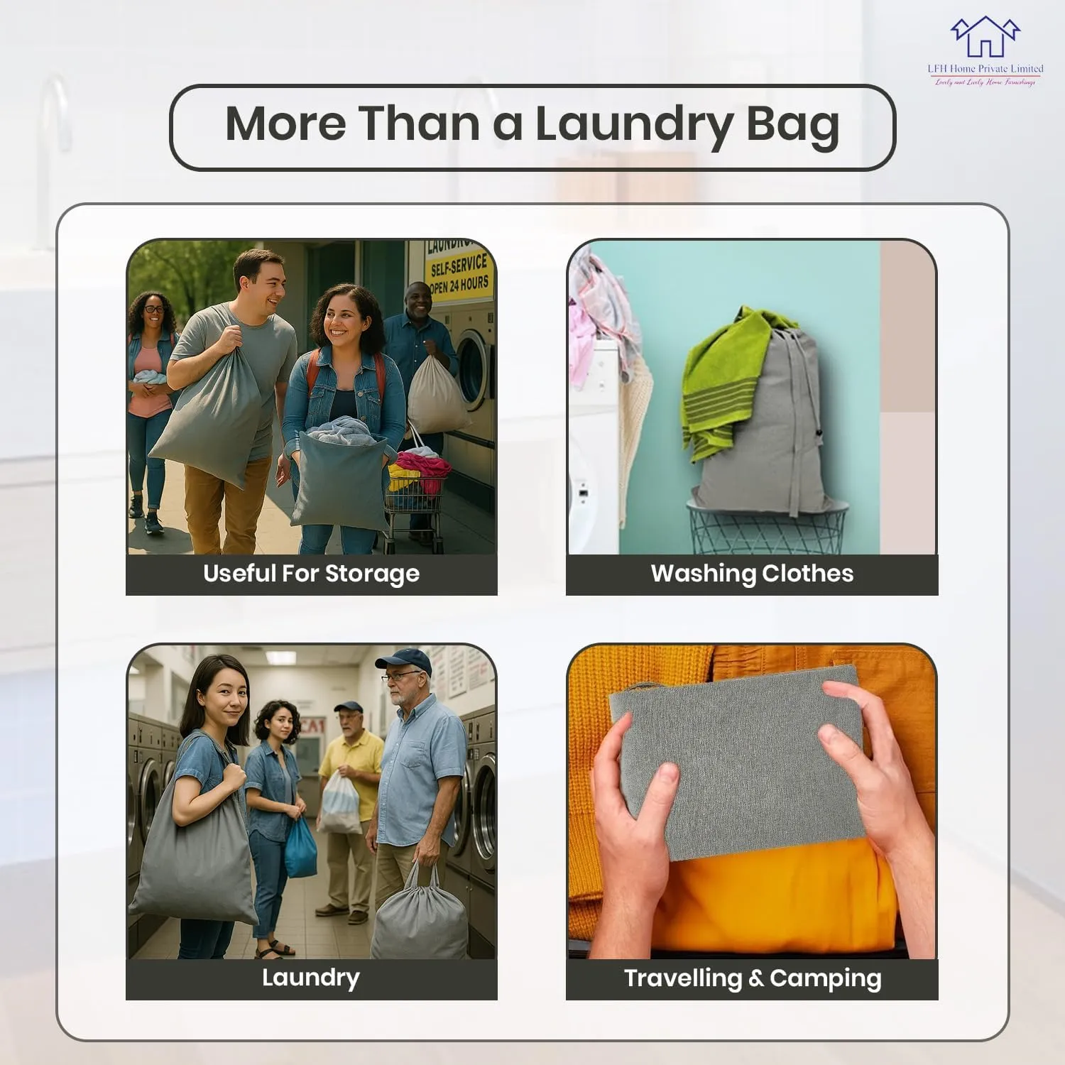 LFH Home Cotton Canvas Large Laundry Bag with Handle, Heavy Duty Drawstring Closure Washable Laundry Bags, School Travel, Home, Hotel, College Dorm, Organizer Sack, Toys Clothes 20x30-Grey