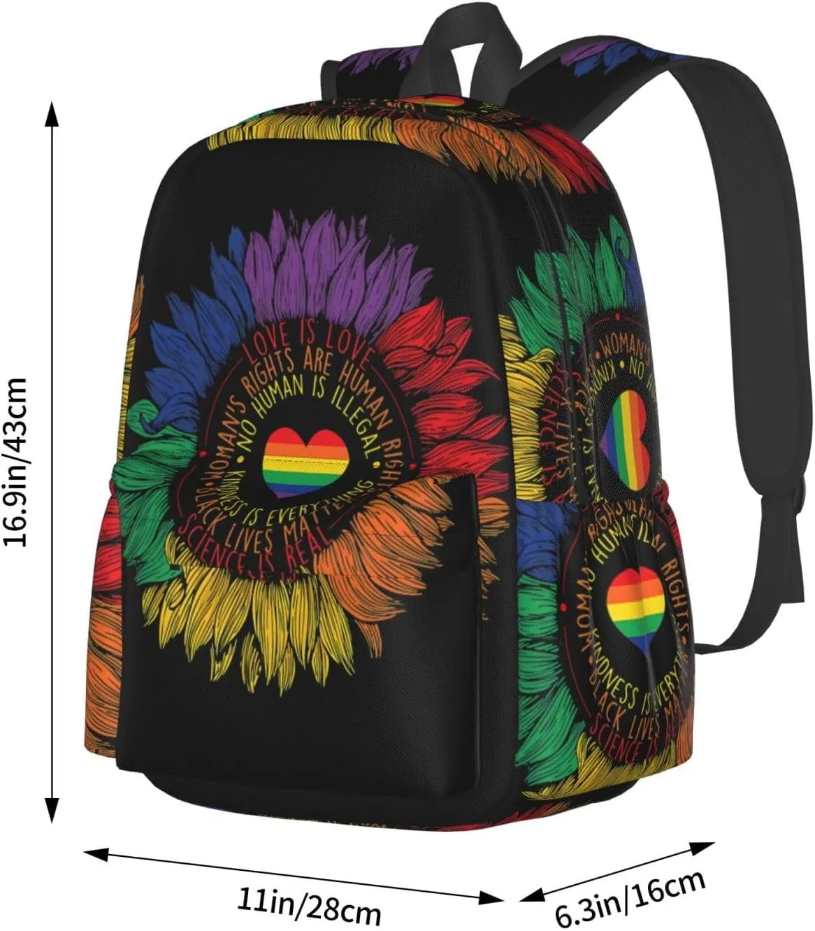 LGBT Rainbow Gay Pride Science Is Real Love Is Love Sunflower 17 Inch Casual Backpack Laptop Backpacks Travel Back Pack Large Camping Rucksack Hiking Daypack Lightweight Double Shoulder Bag