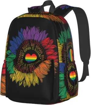 LGBT Rainbow Gay Pride Science Is Real Love Is Love Sunflower 17 Inch Casual Backpack Laptop Backpacks Travel Back Pack Large Camping Rucksack Hiking Daypack Lightweight Double Shoulder Bag