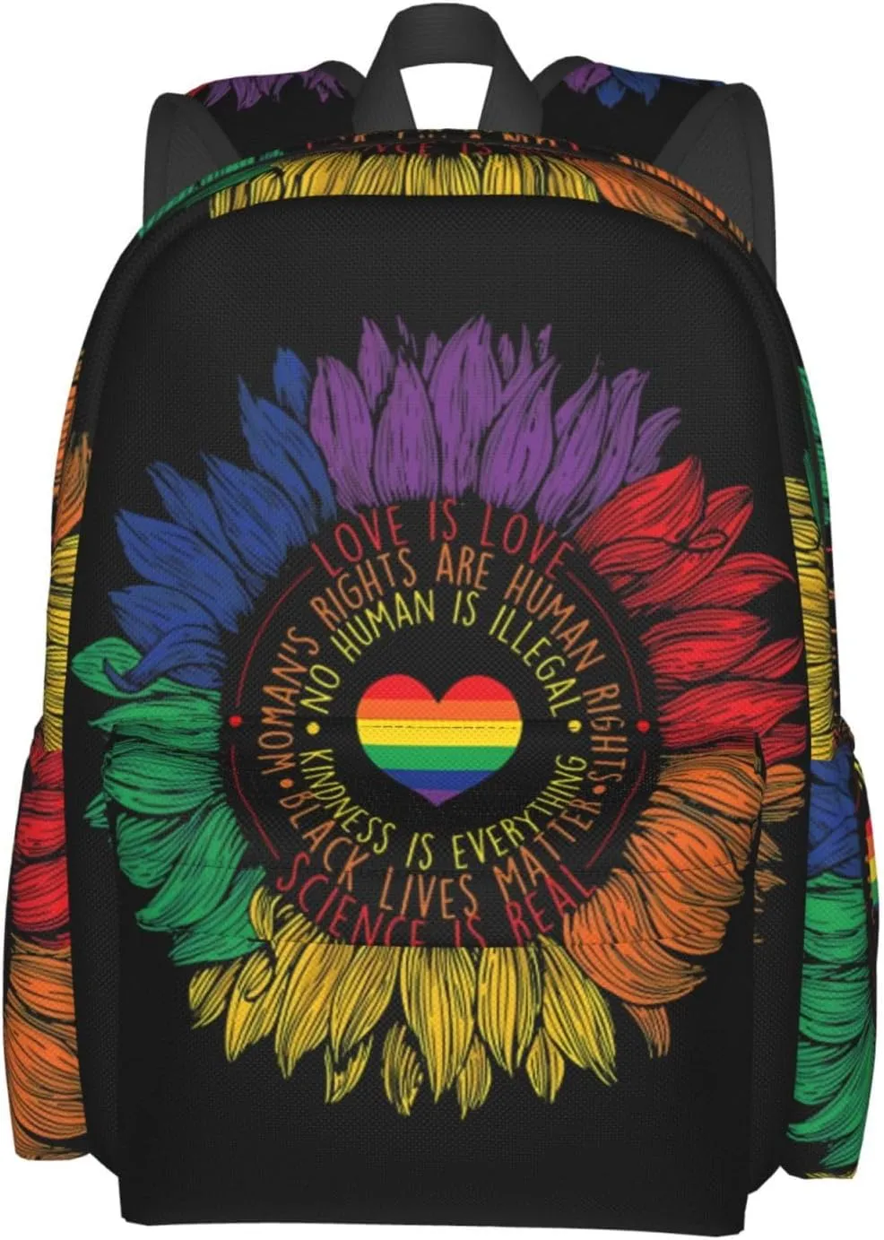 LGBT Rainbow Gay Pride Science Is Real Love Is Love Sunflower 17 Inch Casual Backpack Laptop Backpacks Travel Back Pack Large Camping Rucksack Hiking Daypack Lightweight Double Shoulder Bag