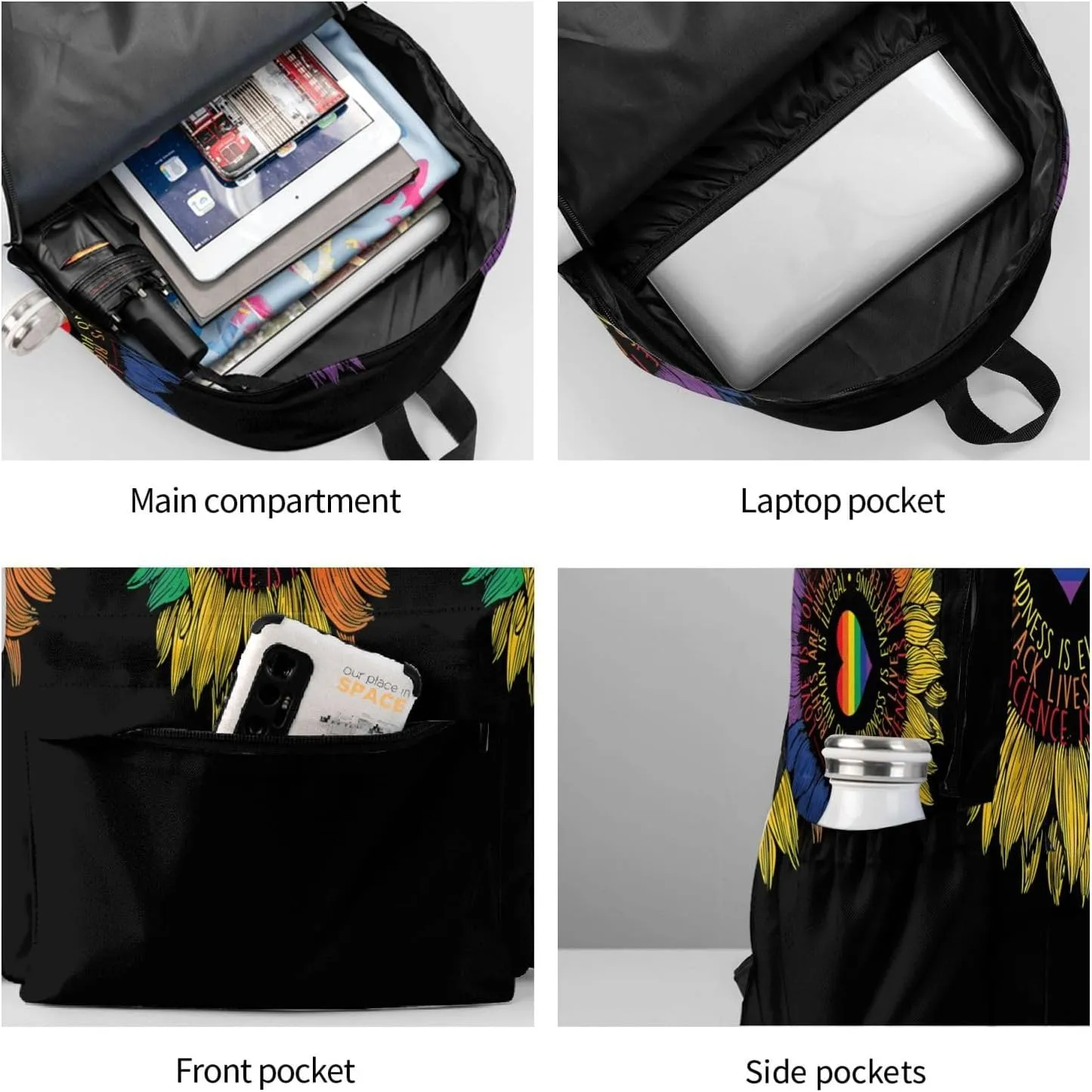 LGBT Rainbow Gay Pride Science Is Real Love Is Love Sunflower 17 Inch Casual Backpack Laptop Backpacks Travel Back Pack Large Camping Rucksack Hiking Daypack Lightweight Double Shoulder Bag