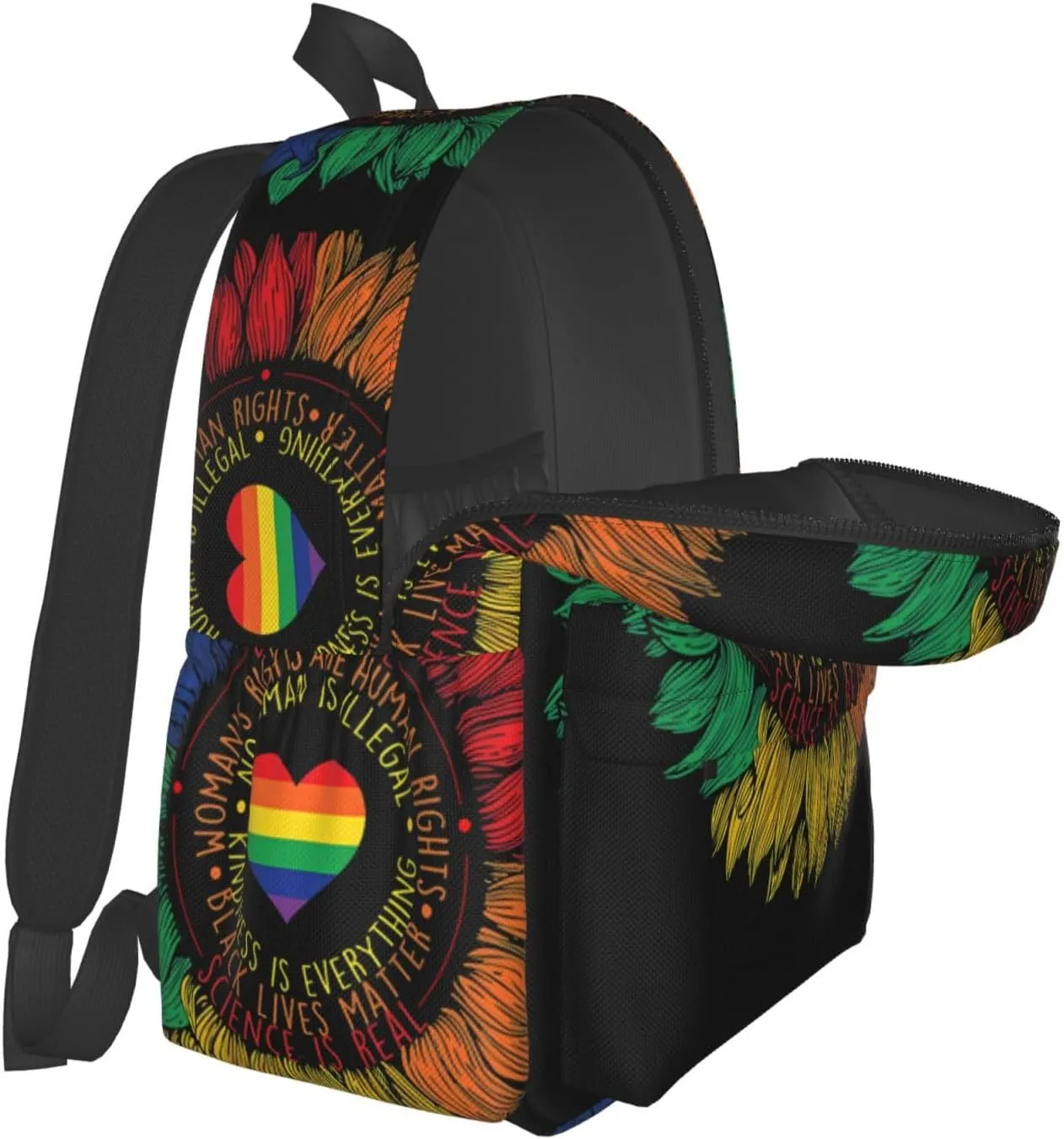 LGBT Rainbow Gay Pride Science Is Real Love Is Love Sunflower 17 Inch Casual Backpack Laptop Backpacks Travel Back Pack Large Camping Rucksack Hiking Daypack Lightweight Double Shoulder Bag