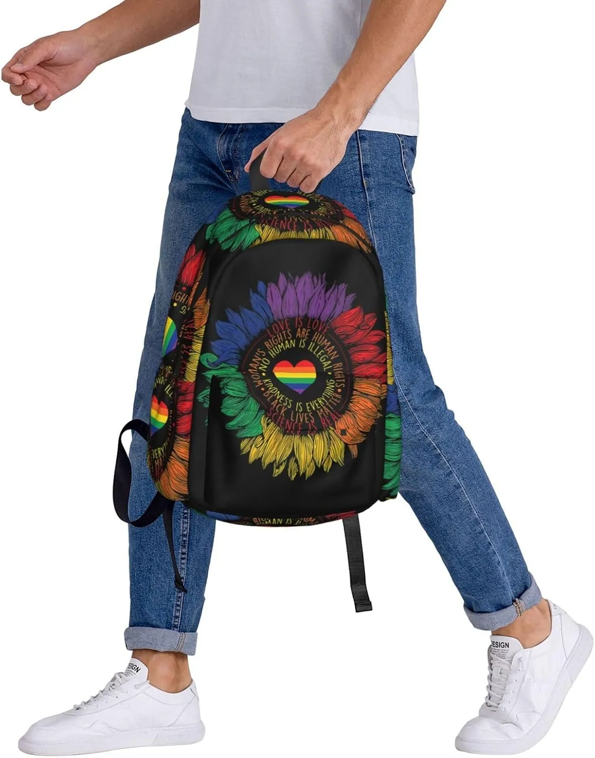 LGBT Rainbow Gay Pride Science Is Real Love Is Love Sunflower 17 Inch Casual Backpack Laptop Backpacks Travel Back Pack Large Camping Rucksack Hiking Daypack Lightweight Double Shoulder Bag