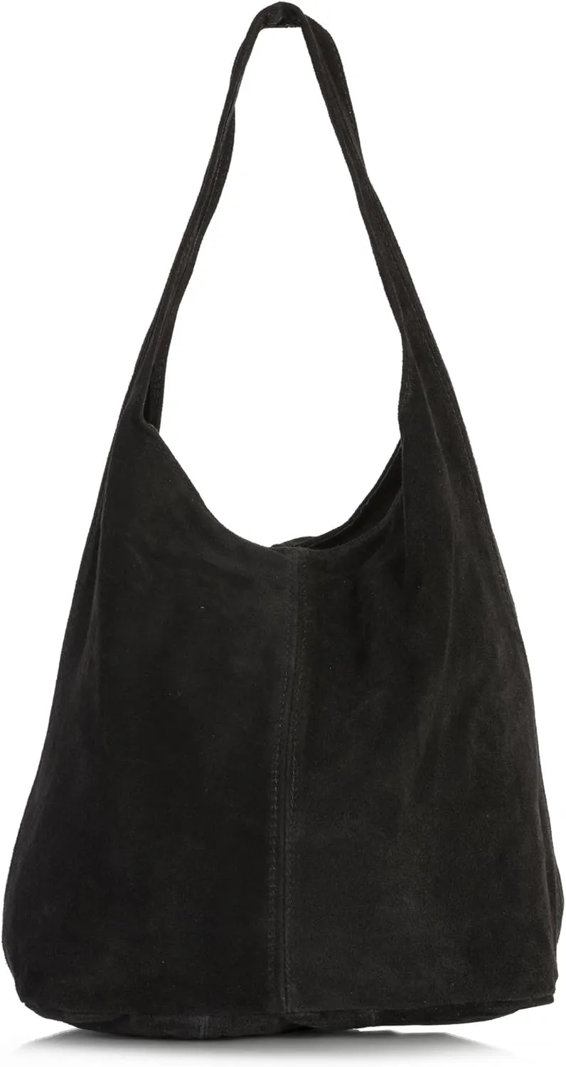 LiaTalia Womens Large Italian Suede Leather Single Shoulder Strap Hobo Slouch Bag with Storage Bag