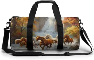 Life Mountain Stream Running Horse Wild Gym Bag Cylindrical Sports Bag Travel Duffel Bag with Shoulder Strap
