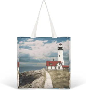Lighthouse Backdrop Tote Bags for Women Canvas Handbag Reusable Grocery Bags Shoulder Purses Shopping Bag