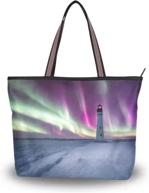 Lighthouses Aurora Tote Bag for Women Handbag Reusable Grocery Shoulder Bags Purse
