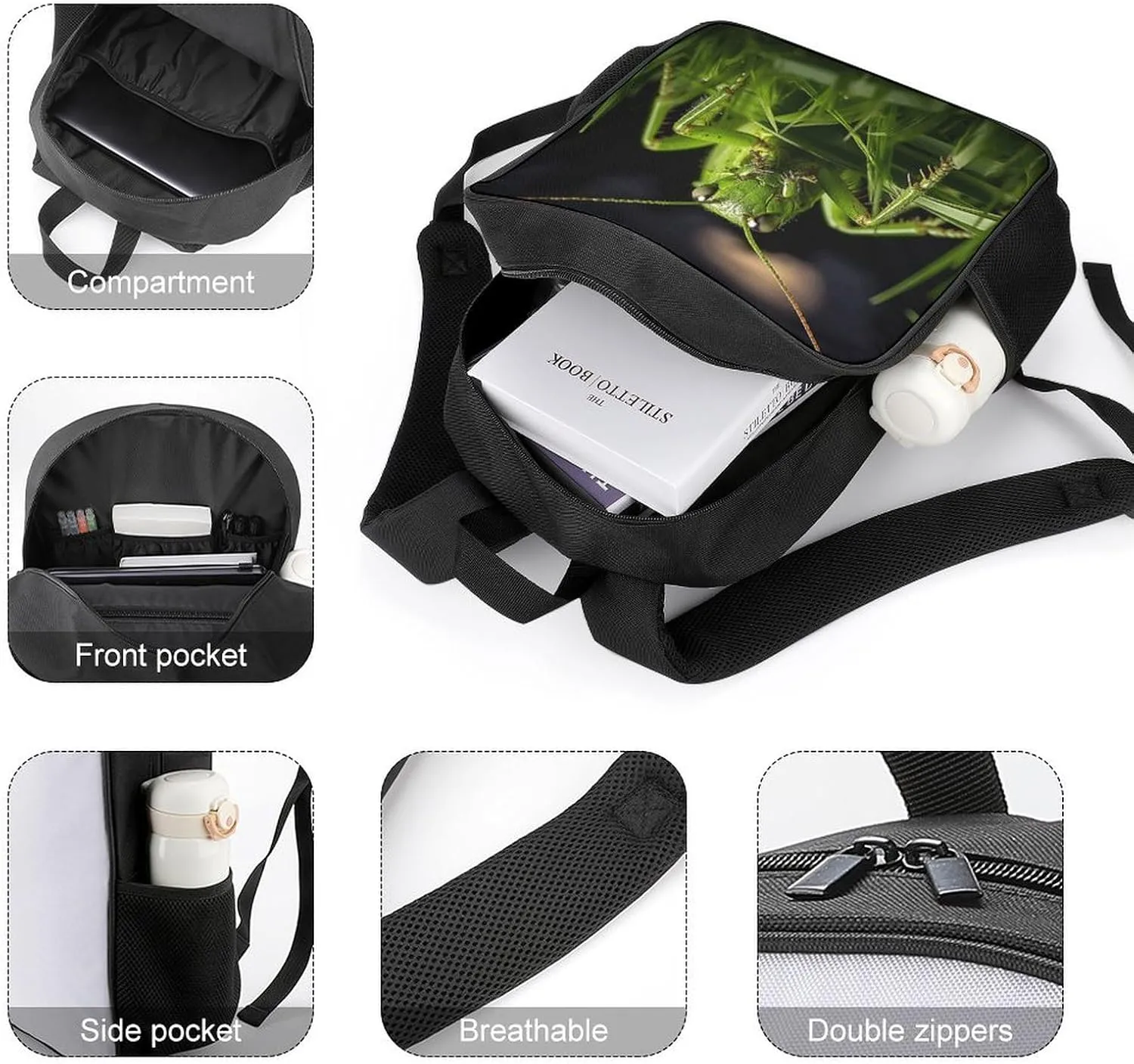 Lightweight Backpacks Cute Travel Bag Durable Grasshopper on Grass Printing Small Travel Backpack For Women & Men