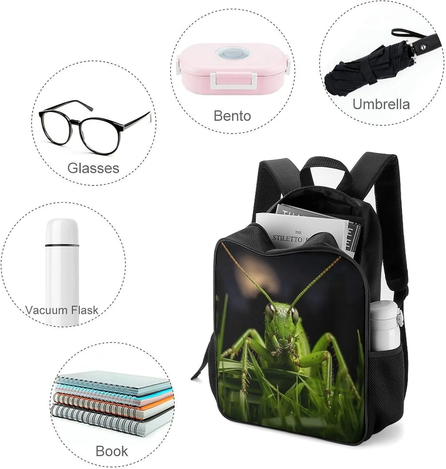 Lightweight Backpacks Cute Travel Bag Durable Grasshopper on Grass Printing Small Travel Backpack For Women & Men