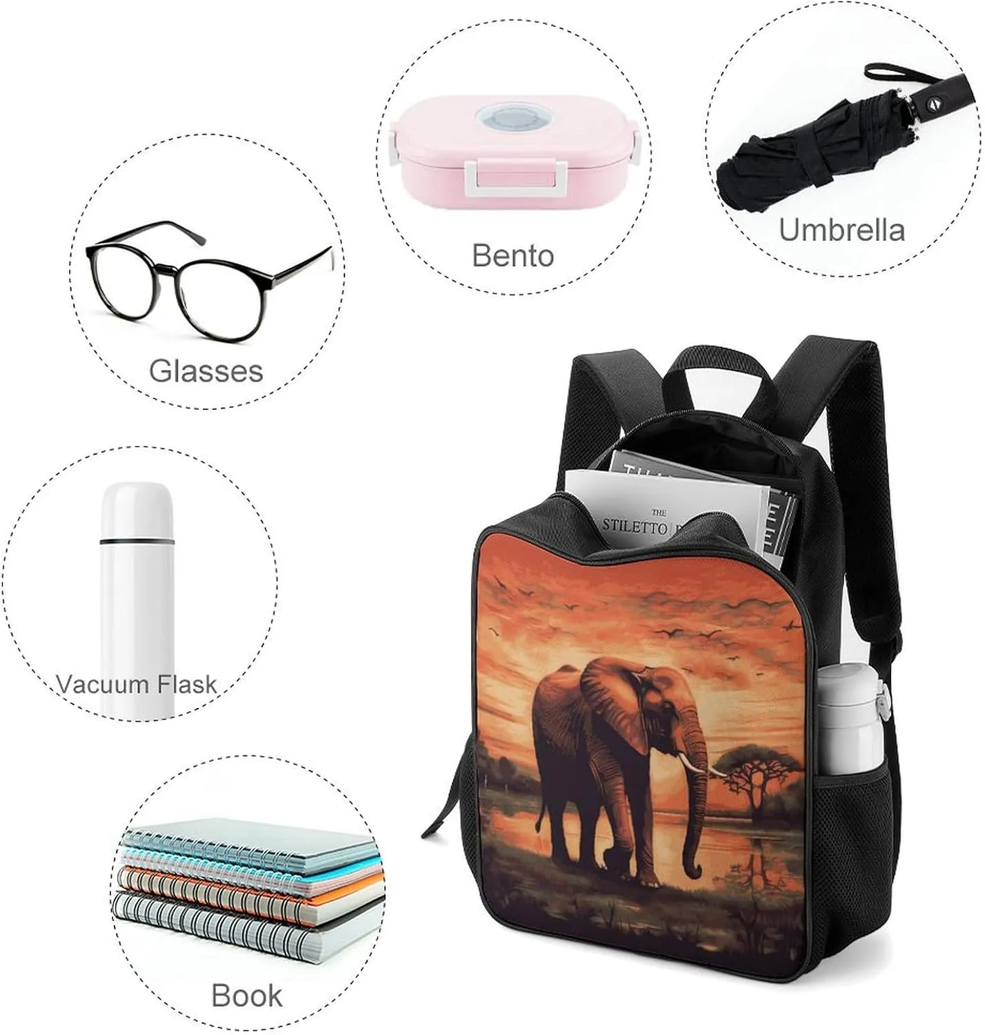 Lightweight Backpacks Cute Travel Bag Durable Sunset Elephant Printing Small Travel Backpack For Women & Men