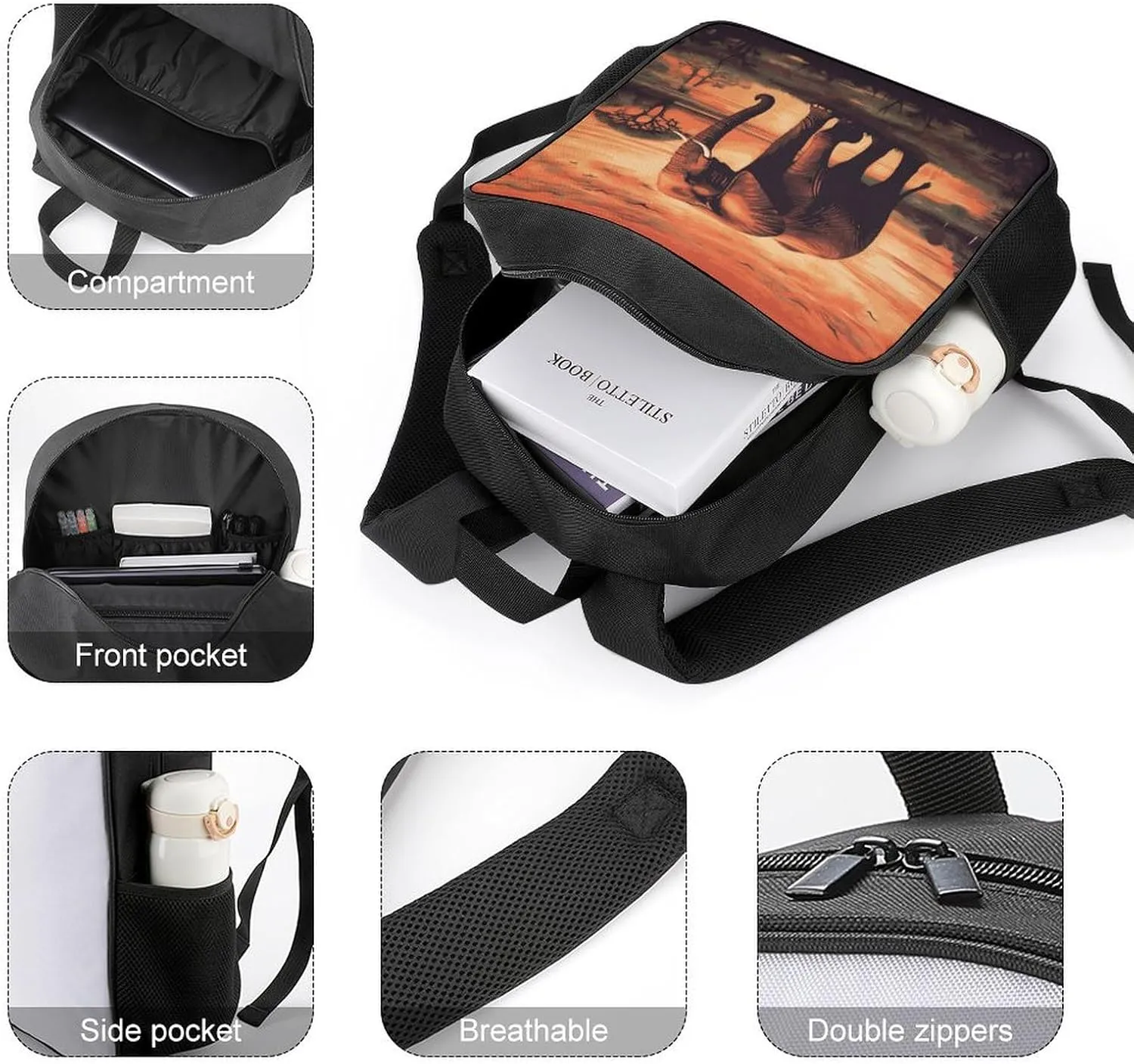 Lightweight Backpacks Cute Travel Bag Durable Sunset Elephant Printing Small Travel Backpack For Women & Men
