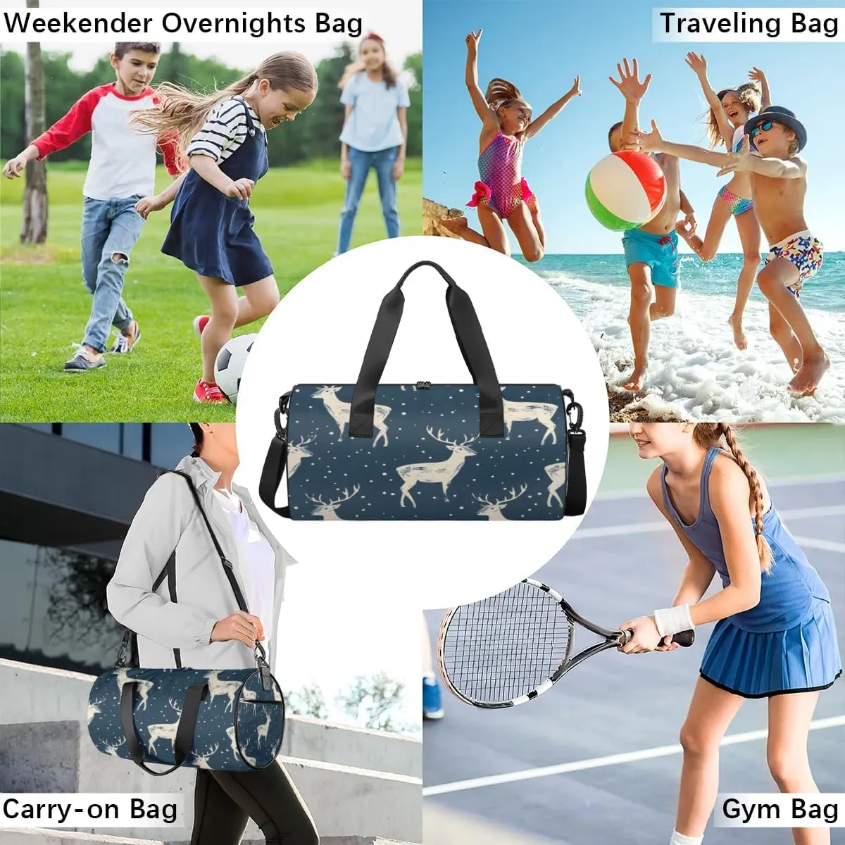 Lightweight Travel Duffle Bag Christmas Elk Gym Bag for Women Men Stylish Small Duffle Bag for Fitness Yoga Travel Overnight Sport