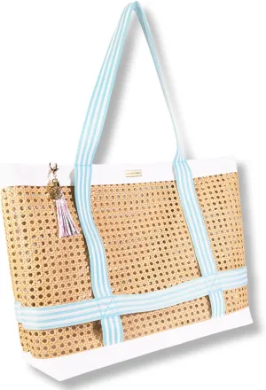 Lilly Pulitzer Large Travel Tote Bag with Hat Holder Strap, Caning Beach Bag with Tassel Keychain (Beachside Haven)