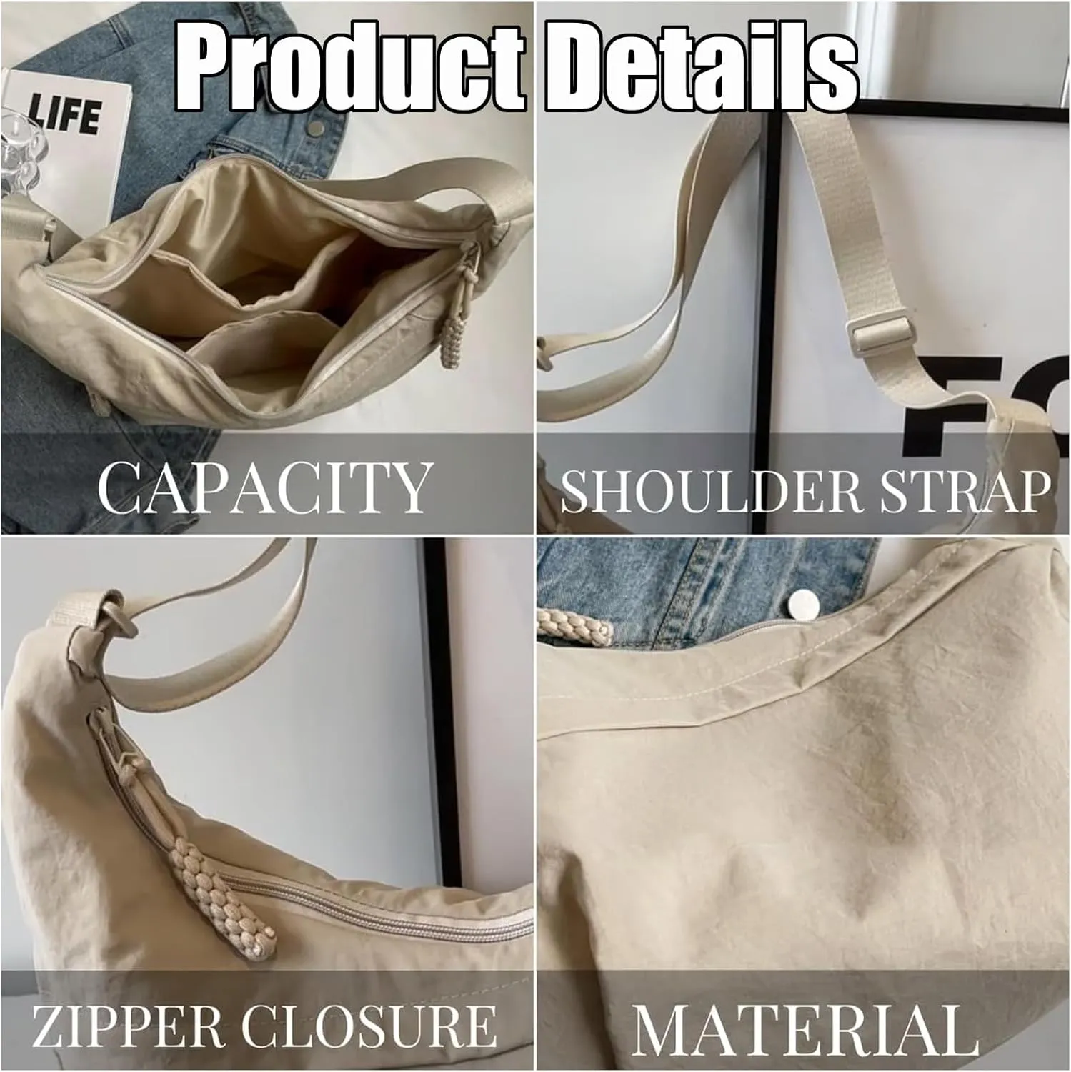 Limorence Crossbody Bag, Women'S Fashion Plain Color Nylon Crossbody Bag, Small Sling Crescent Cross Body Tote Bag