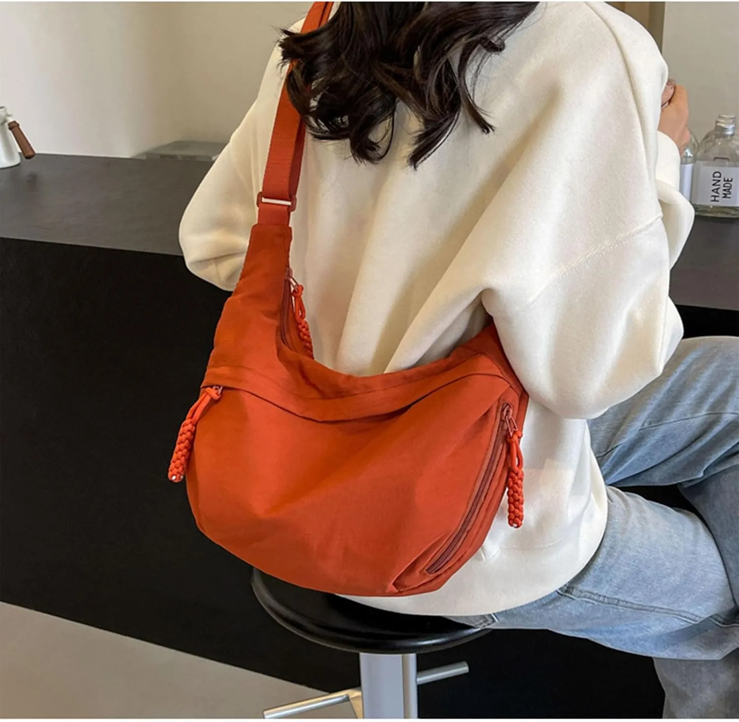Limorence Women's Fashion Plain Color Nylon Crossbody Bag, Multi-Pocket Crescent Bag Dumpling Bag