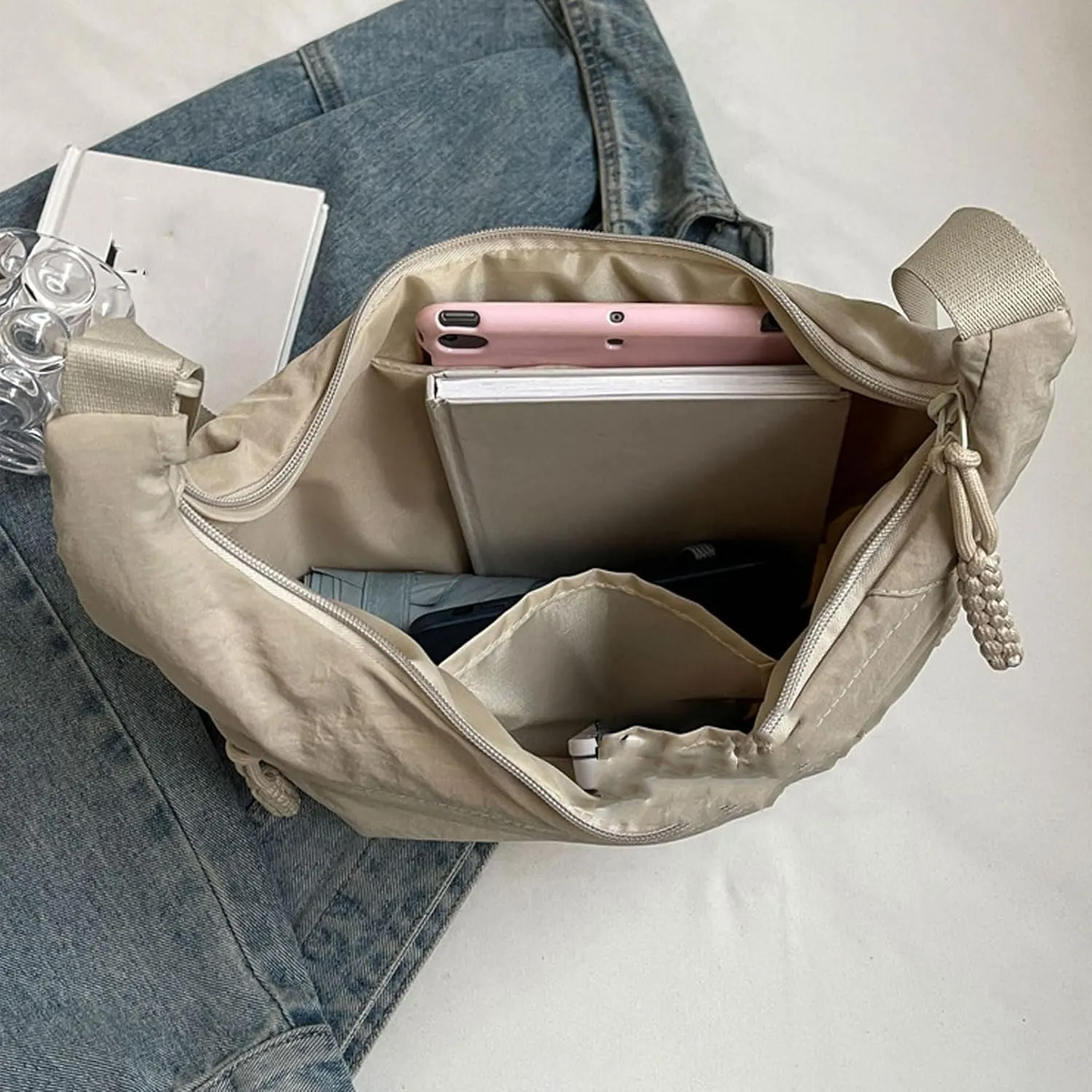 Limorence Women's Fashion Plain Color Nylon Crossbody Bag, Multi-Pocket Crescent Bag Dumpling Bag