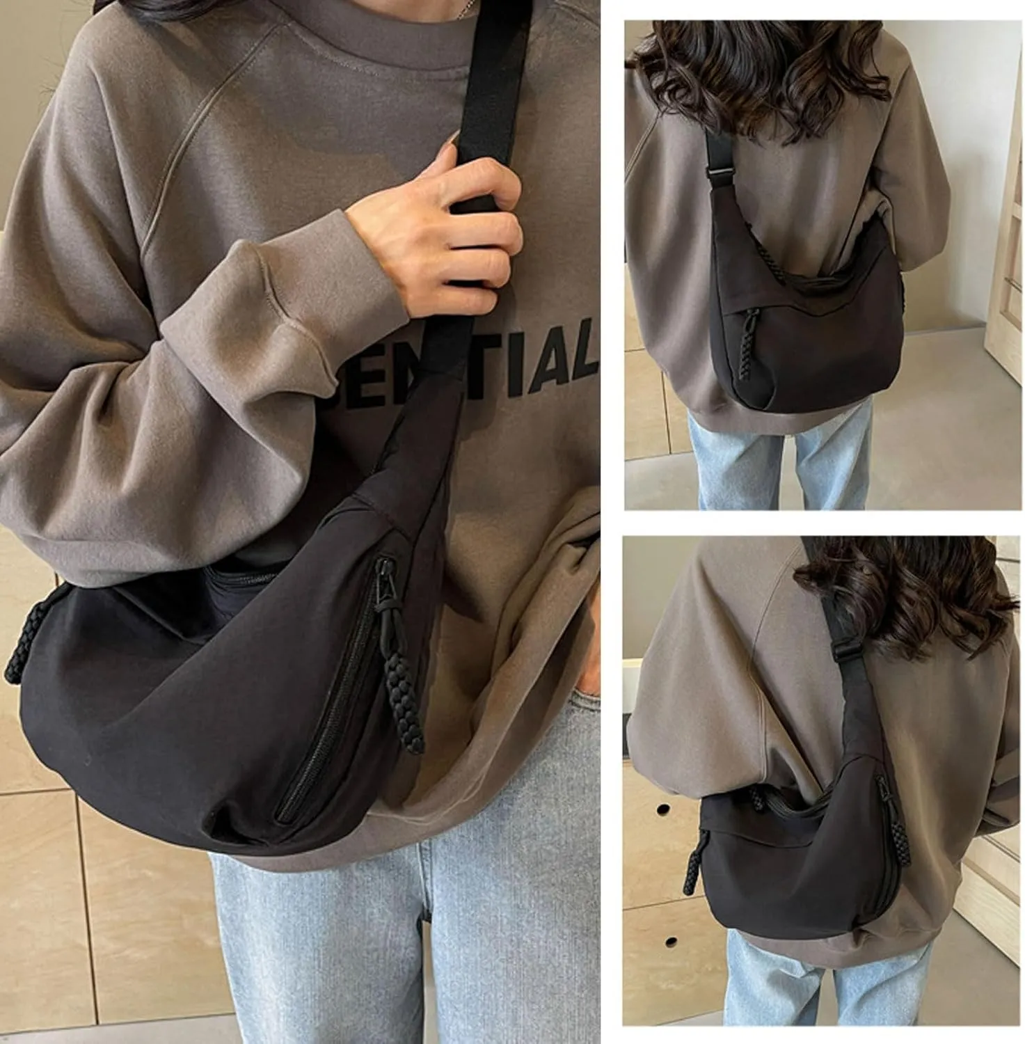 Limorence Women's Fashion Plain Color Nylon Crossbody Bag, Multi-Pocket Crescent Bag Dumpling Bag