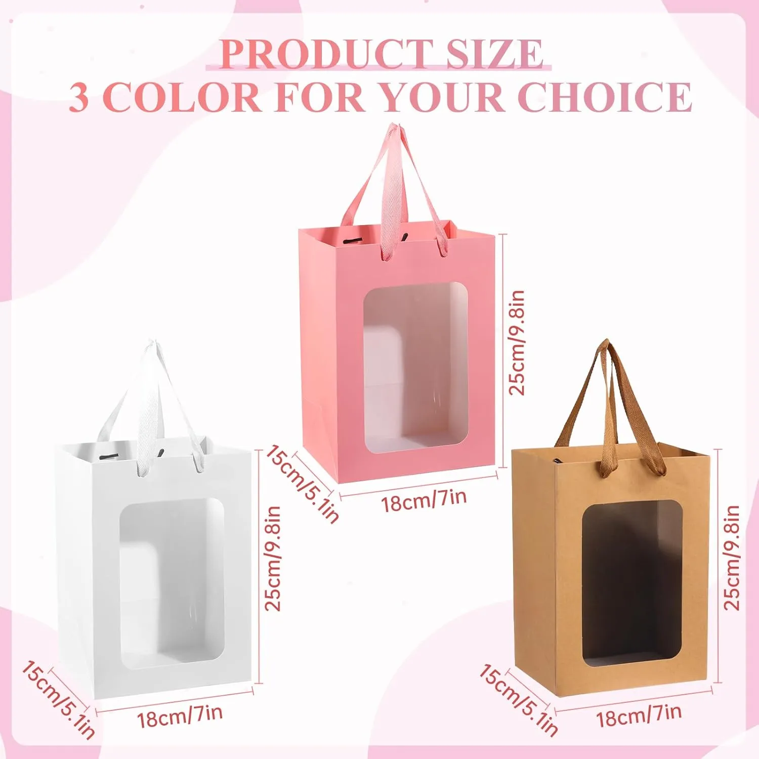 Liobelon 12 Pack Kraft Gift Bags with Transparent Window, 10 * 7 * 5in Large Kraft Shopping Bags with Handle for Flower Party Favors (Pink)