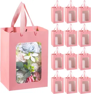 Liobelon 12 Pack Kraft Gift Bags with Transparent Window, 10 * 7 * 5in Large Kraft Shopping Bags with Handle for Flower Party Favors (Pink)