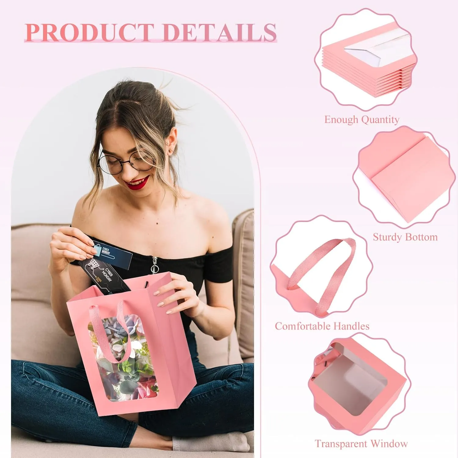 Liobelon 12 Pack Kraft Gift Bags with Transparent Window, 10 * 7 * 5in Large Kraft Shopping Bags with Handle for Flower Party Favors (Pink)