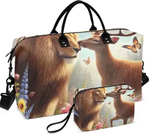 Lion Kiss Deer Floral Duffel Bags Travel Toiletry Pouches Set of 2, Print Women Luggage Bag Overnight Hospital Bag